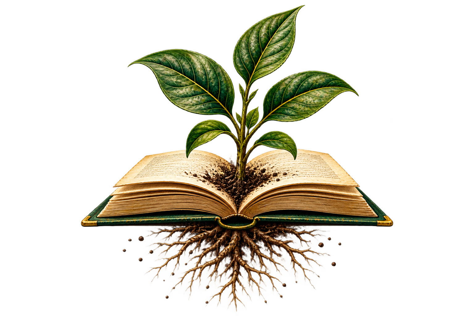 An open book with a growing plant and roots